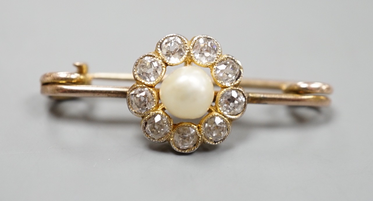 A yellow metal, cultured pearl and diamond cluster set bar brooch, 31mm, gross weight 2.7 grams.